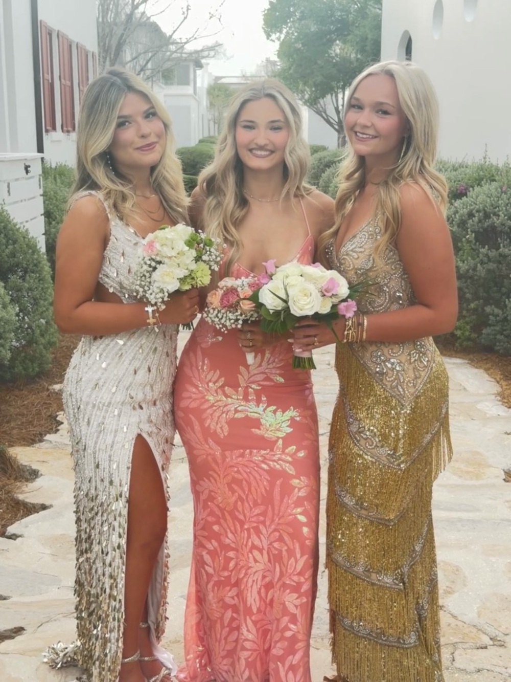 Sherri Hill white Champagne Sequin V-Neck Prom Gown with Thigh Slit